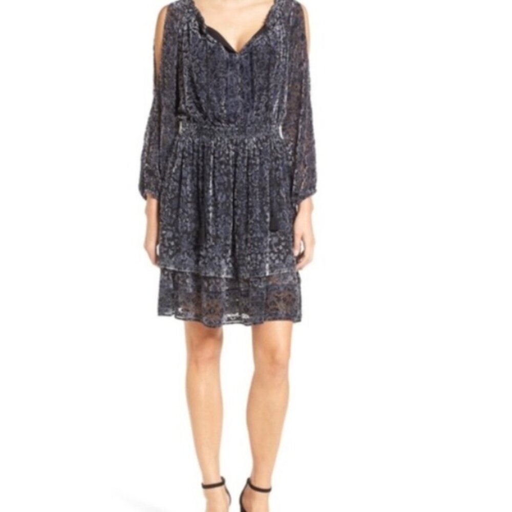 Elie Tahari Olsen Burnout Velvet Velour Smocked Waist Tiered Ruffle Mini Dress